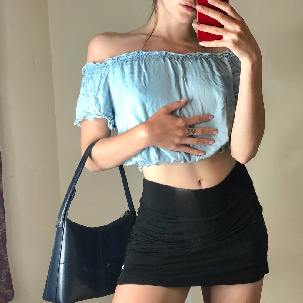 denim off the shoulder blouse